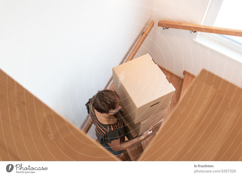 Woman with moving boxes on wooden stairs Office Adults 1 Human being 30 - 45 years Packaging Package Box Work and employment To hold on Stairs Cardboard Stack