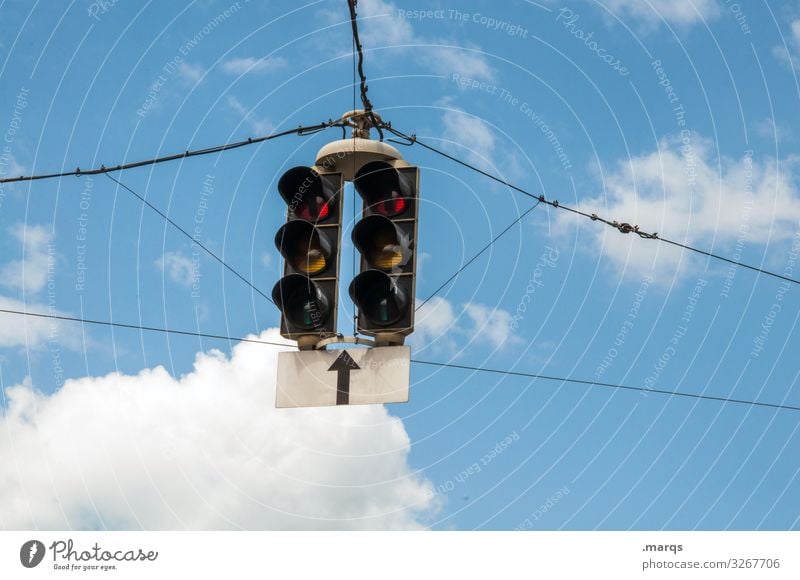 Traffic lights Sky Clouds Transport Road sign Arrow Hang Mobility Target Colour photo Exterior shot Copy Space left Copy Space right Copy Space bottom