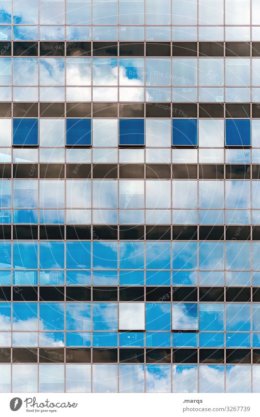 Reflective glass facade Reflection Structures and shapes Pattern Modern Glass Glas facade Window Clouds Sky Bright Blue White Grid Arrangement