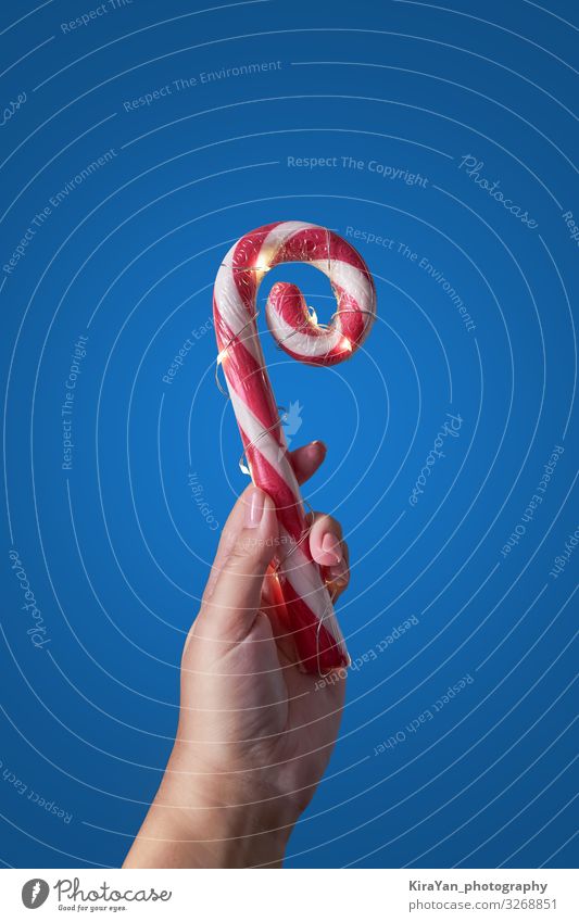 Large candy cane with led light in women's hand Dessert Candy Happy Decoration Feasts & Celebrations Christmas & Advent New Year's Eve Success Woman Adults Hand
