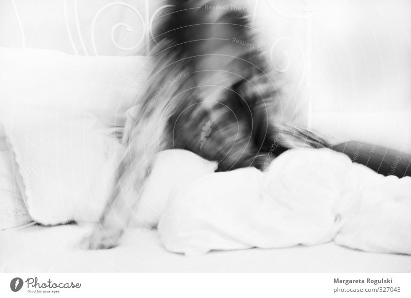 Not in focus Style Design Bed Bedroom Feminine Woman Adults Sleep Esthetic Cuddly Modern Moody Love Life Wake up Fatigue Black & white photo Interior shot