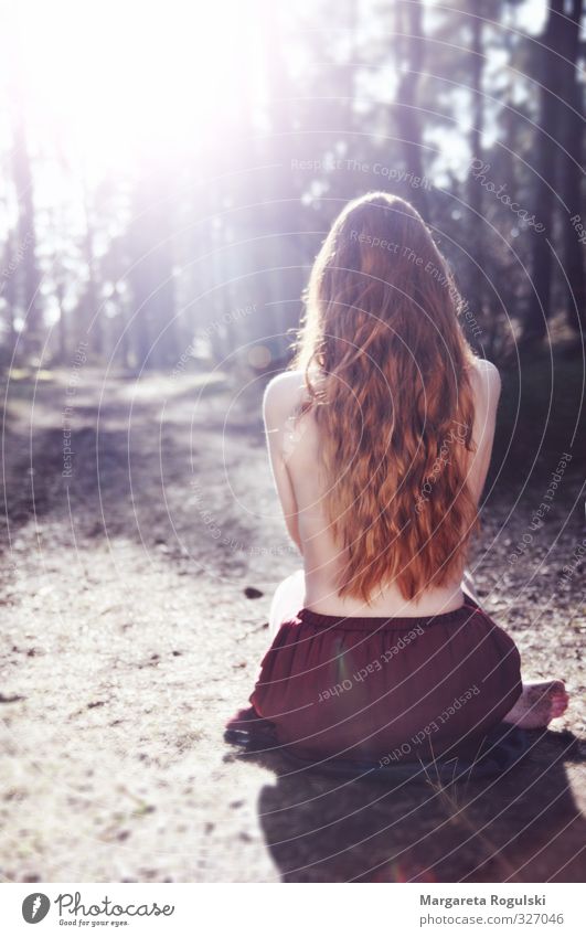 unattached Feminine Skin Hair and hairstyles Back Nature Forest Brunette Red-haired Long-haired Esthetic Thin Eroticism Free Fresh Healthy Beautiful Moody Naked