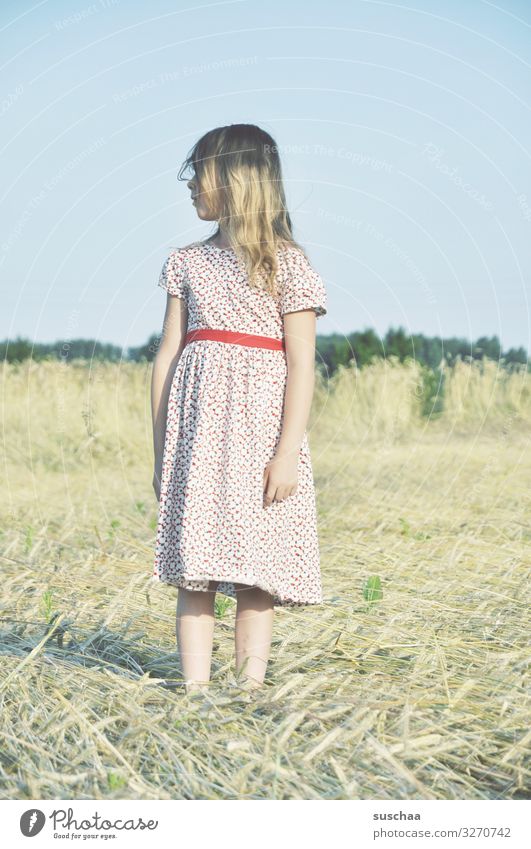summer day (4) Child Girl Feminine Freedom Playing Joy Good mood Summery Dress Hair and hairstyles Sky Straw Field Infancy Happiness Light heartedness Retro