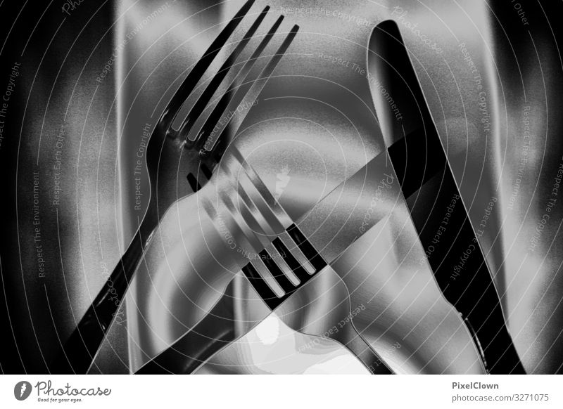 knife, fork, light Nutrition Eating Crockery Cutlery Knives Fork Gastronomy Steel Black Emotions Black & white photo Interior shot Detail
