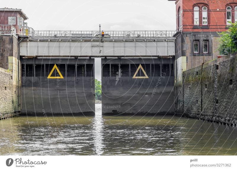 sluice around Port of Hamburg Water Brook River Port City Harbour Bridge Gate Manmade structures Building Architecture Wall (barrier) Wall (building) Authentic