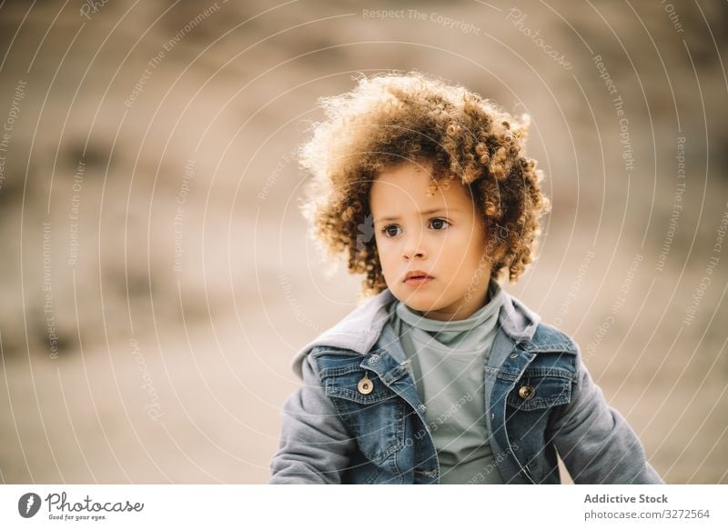 Ethnic curly toddler on nature child concentration pensive adorable focused wind girl casual human face portrait headshot appearance charming ethnic cute think