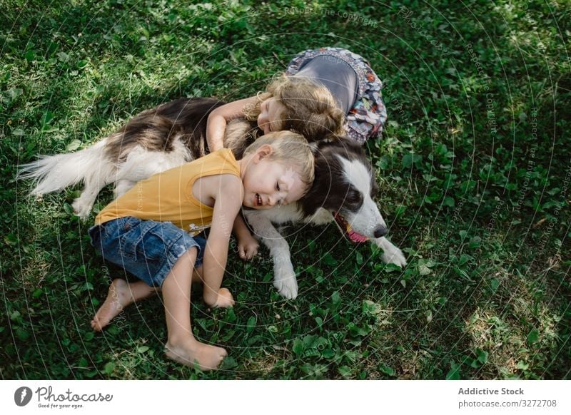 Lovely boy and girl hugging fluffy dog with ball in mouth on grass children garden friend pet cuddling summer friendship adorable together happy playing lovely