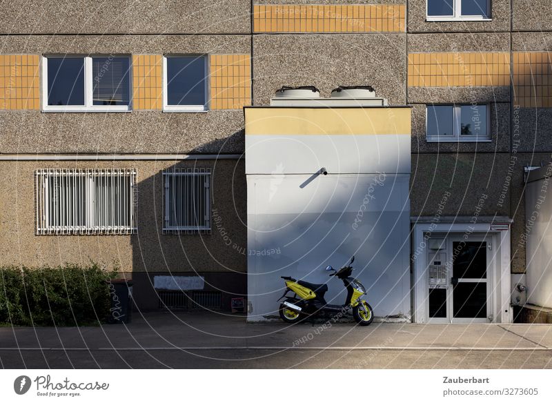 Panel building facade with yellow roller Berlin Town Deserted House (Residential Structure) High-rise Prefab construction Wall (barrier) Wall (building) Facade