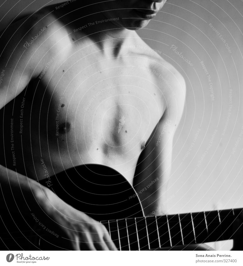 gentle. Masculine Young man Youth (Young adults) Body Skin Chest Stomach 1 Human being 18 - 30 years Adults To hold on Dream Naked Natural Contentment Guitar