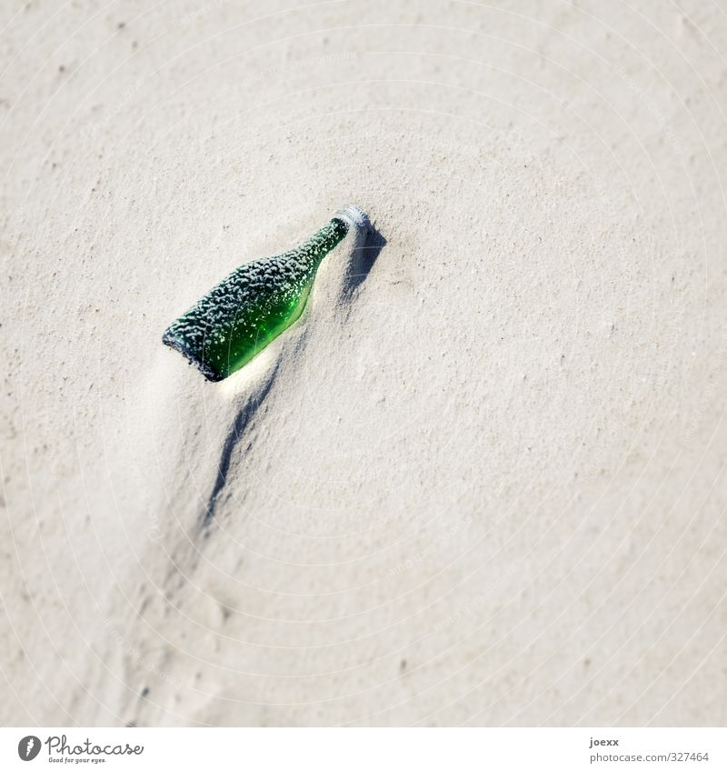 They had mail Sand Beautiful weather Beach Bottle Glass Old Bright Green Empty Glass for recycling Flotsam and jetsam Colour photo Exterior shot Deserted Day