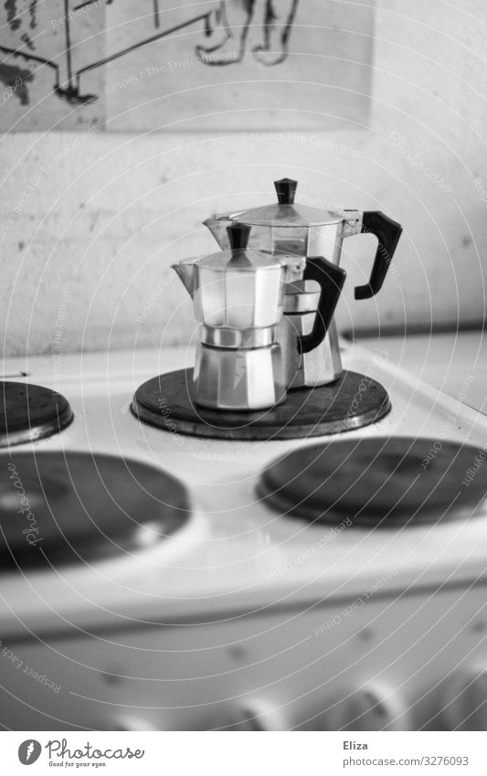 Good morning Living or residing Kitchen Stove & Oven Coffee maker bialetti Espresso maker Silver Hot plate Black & white photo Interior shot Deserted