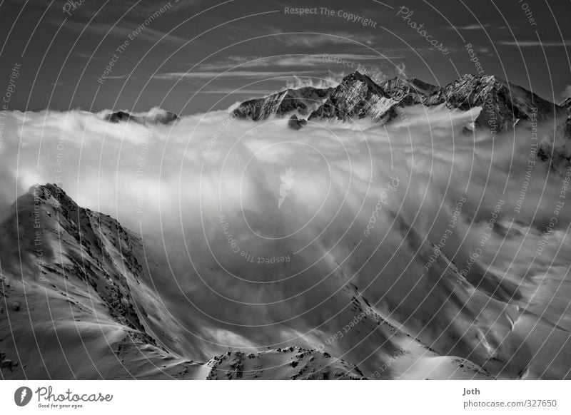 cloud dam Landscape Winter Weather Snow Alps Mountain Snowcapped peak Infinity Climate Black & white photo Exterior shot Day Shadow Contrast Panorama (View)