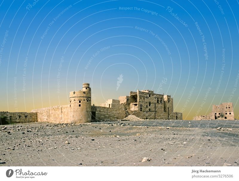 Sabaean Wall on Diga Ruins at Marib, Yemen Tourism Sky Old Blue Age Arabia arabic Asia Damage Heavy North Sandstone vintage wall Colour photo Day