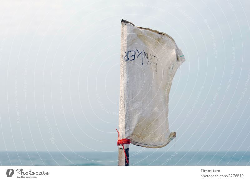 Makeshift flag in the wind Took Inscription Letters (alphabet) Danish Wind Pole Get String North Sea Sky Blue Denmark Ocean Deserted Vacation & Travel Water