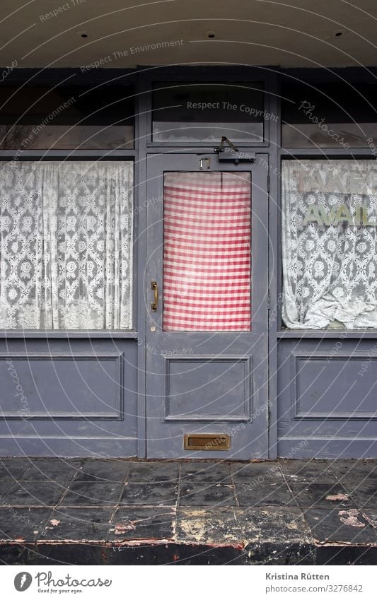take avail Restaurant Architecture Window Door Retro Town Past Closed Uninhabited Entrance Curtain Checkered Insolvency Subdued colour Exterior shot Day