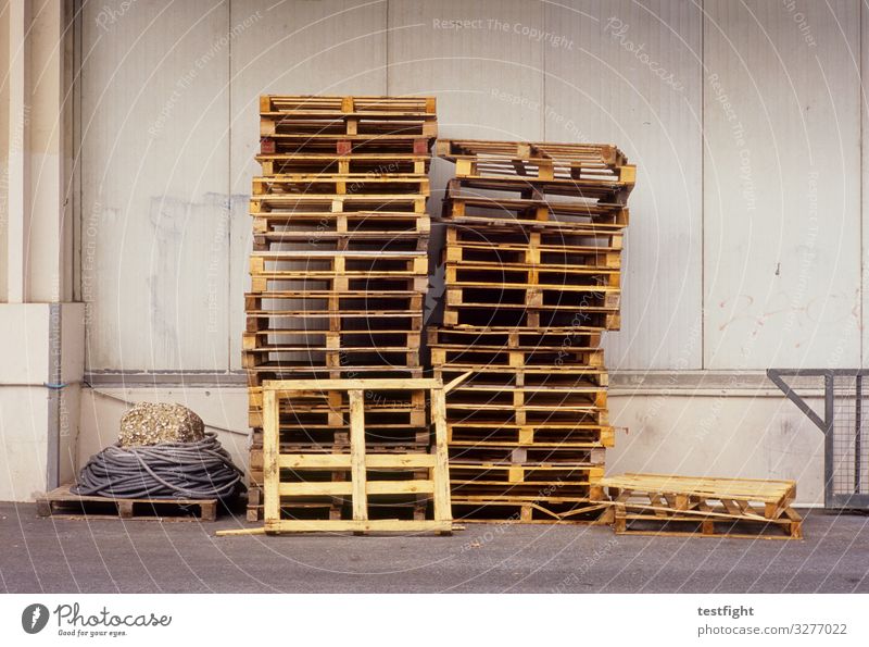 Pallet stacks Palett pile Warehouse Architecture Transport Industry logistics Logistics Storage Industrial Photography Building Factory Industrial plant Trade