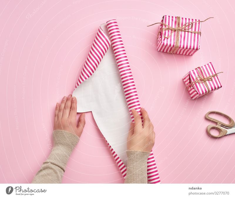female hands unfold a roll of wrapping paper Design Winter Decoration Feasts & Celebrations Christmas & Advent New Year's Eve Birthday Hand Paper Package