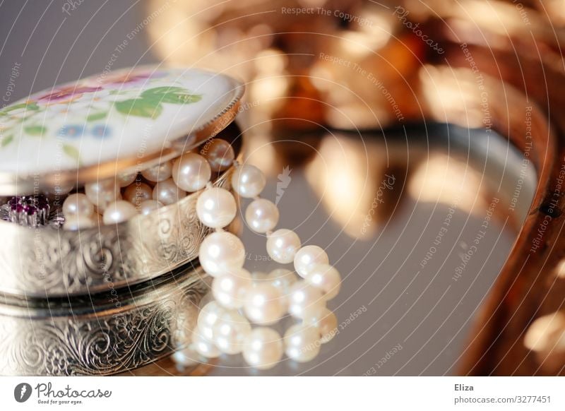 heirloom Accessory Jewellery Luxury Legacy Pearl necklace Jewelry box Reflection Mirror Beautiful Vintage Retro Old Silver Kitsch Precious Keep Colour photo