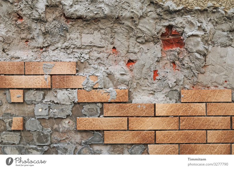 Brick wall with plaster and clinker brick slips bricks brick wall Wall (barrier) Old Broken Mortar Clinker brick slips Repair Wall (building)