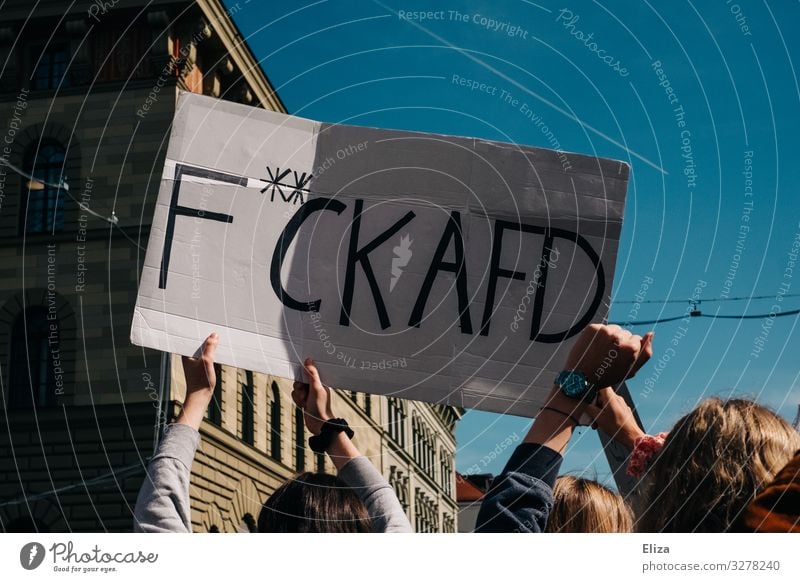 Demonstrators holding a sign saying Fuck AFD Demonstration Human being Group Poster demonstrate AfD Protest Politics and state resistance Signs and labeling