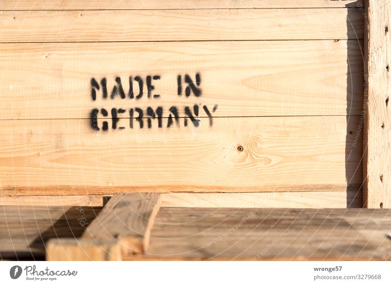Made in Germany Advancement Future Industry Packaging Box Wood Characters Signs and labeling Sharp-edged Large Brown Black Crate Delivery Mail order selling