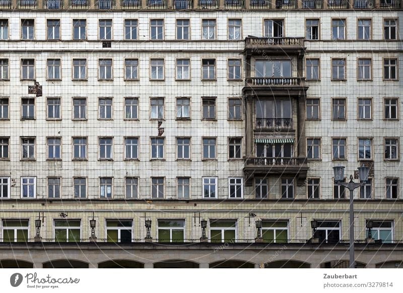 Facade in the Karl-Marx-Allee, Berlin stalinallee Downtown Berlin Town Capital city Deserted High-rise Architecture Wall (barrier) Wall (building) Window Oriel