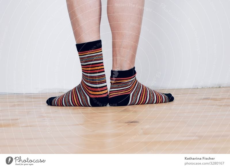 striped socks Legs Feet 1 Human being Stockings Stand Happiness Brown Yellow Gold Gray Green Orange Red Black White Ground Wooden floor Wall (building) Room