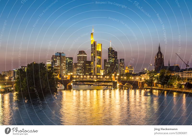 Skyline of Frankfurt, Germany by night Business Landscape River Town Downtown High-rise Bridge Architecture Tourist Attraction Landmark Modern Business District