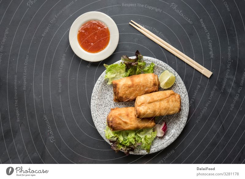 Fried chinese spring rolls with sweet chili sauce Food Vegetable Nutrition Lunch Dinner Buffet Brunch Vegetarian diet Plate Fresh Delicious White Tradition