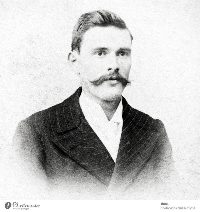 young man, expectant Masculine Man Adults 1 Human being Shirt Suit Jacket Short-haired Facial hair Moustache Observe Looking Wait Watchfulness Curiosity