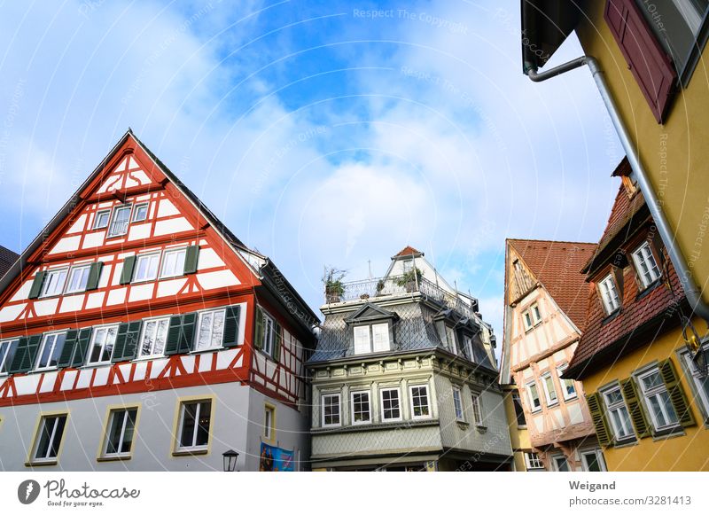 Schwäbisch Hall Village Small Town House (Residential Structure) Blue Facade Half-timbered house Exterior shot Copy Space top
