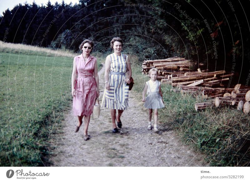 Local history (2) Feminine girl Woman Adults 3 Human being Environment Nature Landscape Beautiful weather Stack of wood To go for a walk Meadow Forest Dress