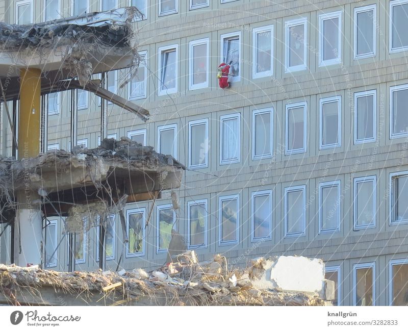 Christmas mood Town House (Residential Structure) High-rise Ruin Facade Window Hang Dirty Broken Red White Curiosity Decline Change Destruction Santa Claus