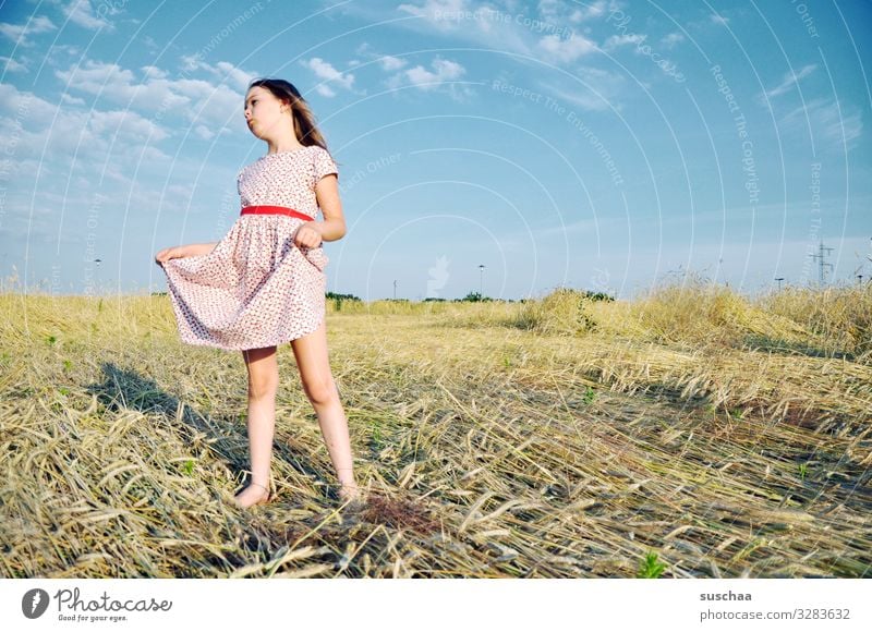 star thaler Child Girl Feminine Freedom Playing Joy Good mood Summery Dress Sky Straw Field Infancy Happiness Light heartedness Retro Grain field Cornfield