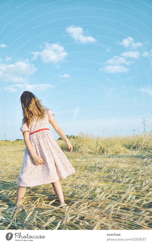 summer day (2) Child Girl Feminine Freedom Playing Joy Good mood Summery Dress Hair and hairstyles Sky Straw Field Infancy Happiness Light heartedness Retro