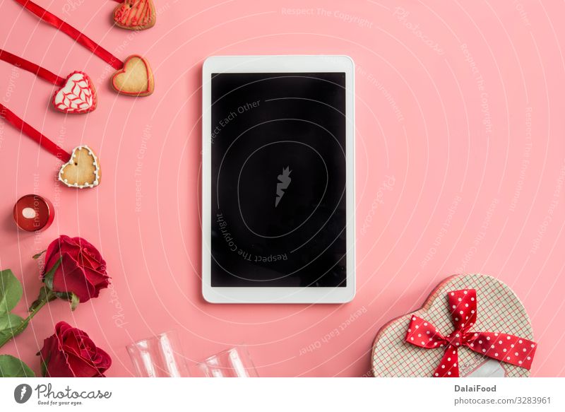 tablet and roses, on pink background. top view. Dinner Plate Fork Table Restaurant Feasts & Celebrations Mother's Day Wedding Rose Wood Heart Old Love Red