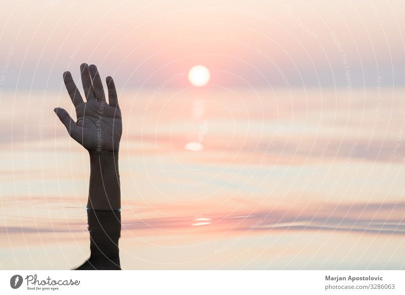 Hand emerging from the sea showing hello sign Vacation & Travel Tourism Adventure Summer vacation Ocean Arm Water Sunrise Sunset Beautiful weather Sign