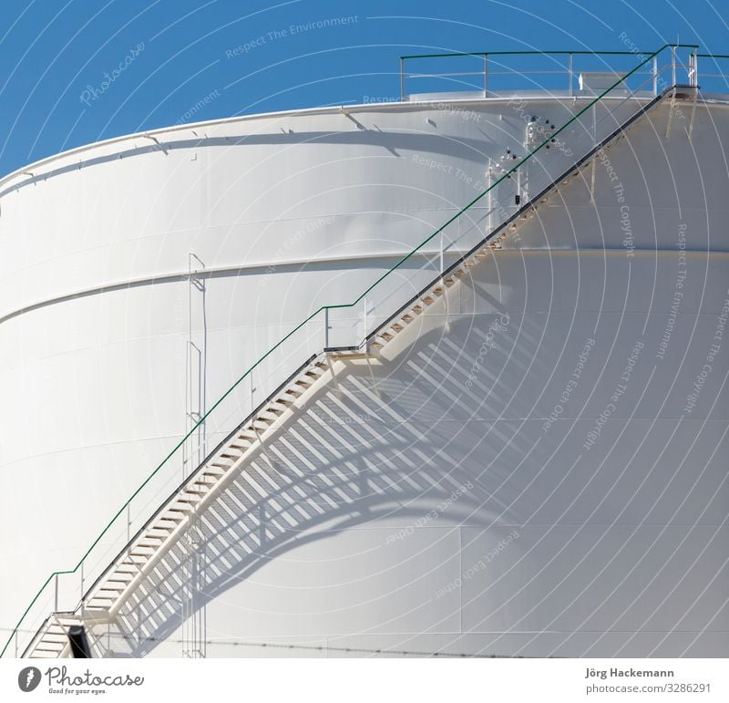 white tanks in tank farm with iron staircase Summer Industry Plant Sky Metal Steel Oil Blue White Safety (feeling of) Energy Gas Raunheim big Chemistry