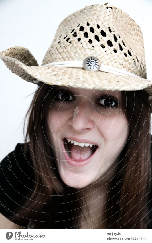 YEE-HAW Feminine Young woman Youth (Young adults) Face Fashion Hat Cowboy hat Brunette Laughter Brash Happiness Happy Hip & trendy Beautiful Natural Crazy Wild