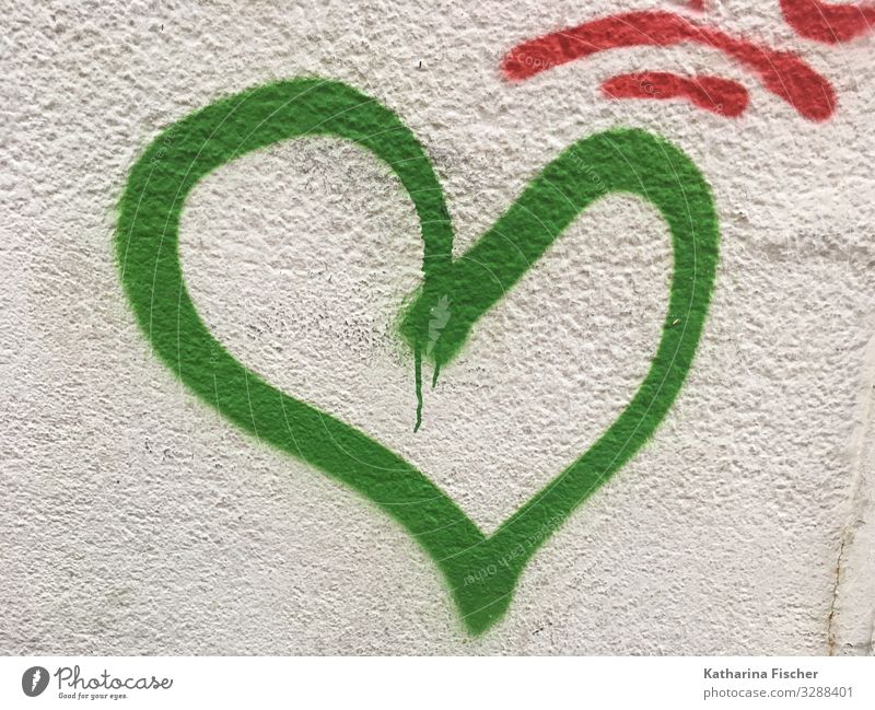 green heart / hope Town Downtown Deserted Wall (barrier) Wall (building) Facade Stone Concrete Sign Characters Graffiti Friendliness Happiness Gray Green White
