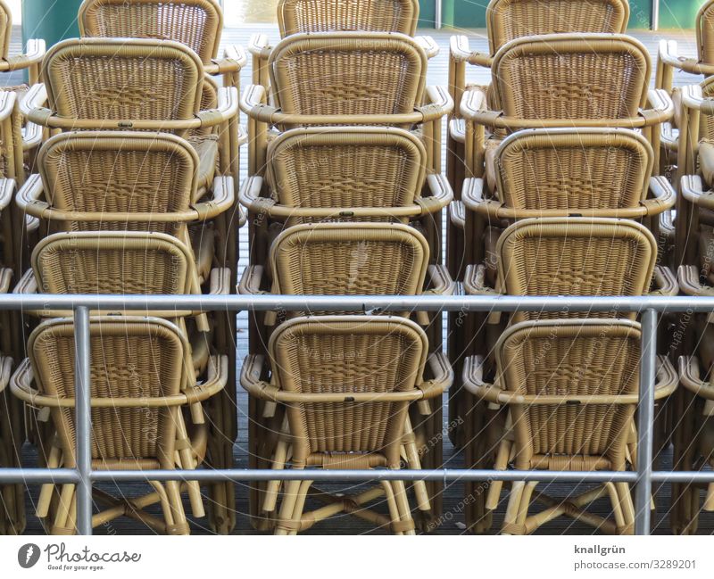 winter break Chair Stand Brown Silver Orderliness Break Stagnating Cane chair Stack Gastronomy Winter break Consecutively Colour photo Exterior shot Deserted