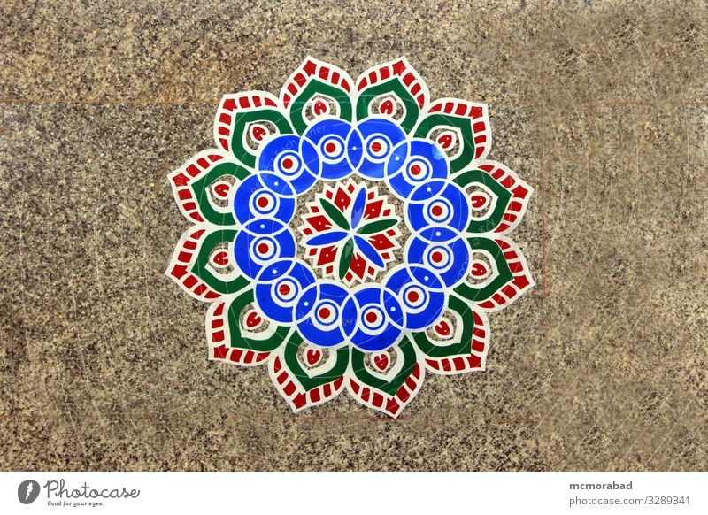 Rangoli Pattern on Floor Design Art Blue Yellow Gray Green Red Colour Horizontal Mosaic Tile flooring Story replica imprinted colourful colorful Floral circular