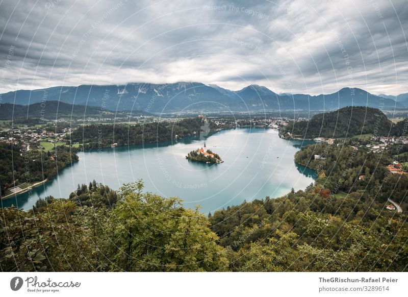 Lake Bled Nature Landscape Blue Gray Green White Slovenia Mountain Tree Town Island Clouds Colour photo Deserted Copy Space top Copy Space bottom