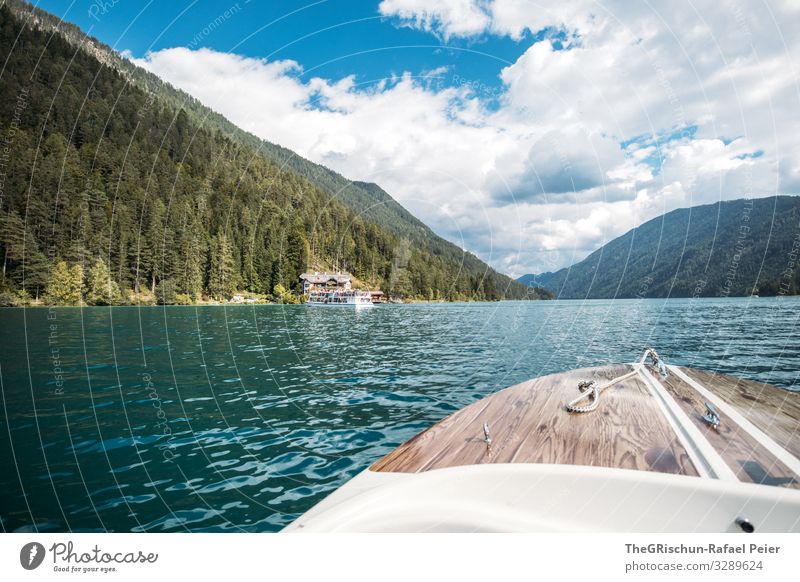 boat Nature Blue Green Turquoise Navigation Lake Vacation & Travel Relaxation Watercraft Forest Coast Travel photography Discover Colour photo Exterior shot