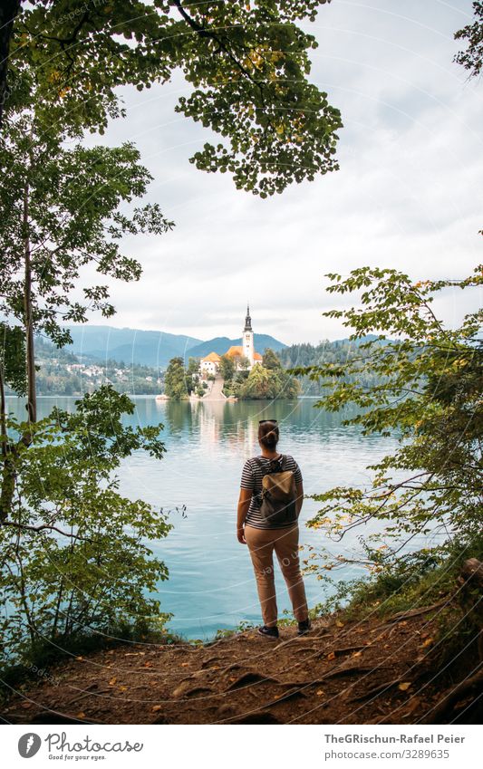 Lake Bled Nature Blue Turquoise Woman Travel photography Discover lake bled Slovenia Backpack Vantage point Island Church Tourist Attraction Fishing (Angle) Sky