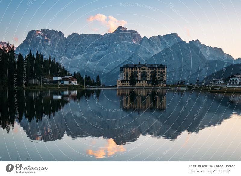 Lago di Misurina - Reflection in the lake Lake mirror mountain Mountain bank evening mood Sunset South Tyrol Blue reflection Clouds houses