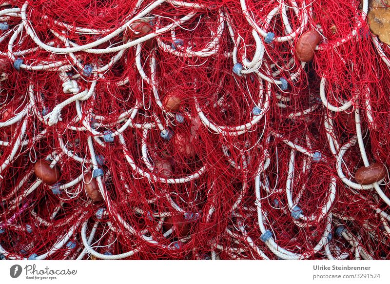 Network using Sardinian fishing nets in red with white cords and blue rings Fishing net Fishery Red White Blue leash Dew Rope meshes Knot Harbour String