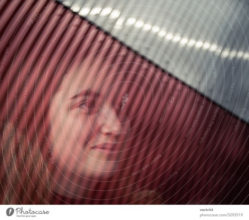 Portrait Young woman with graphic reflection portrait mirroring Graph Grid Subdued colour side view pretty Strong Happiness