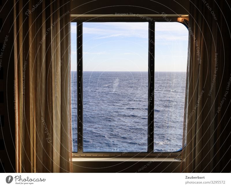 sea view Vacation & Travel Cruise Ocean Curtain Window Navigation Cruise liner Looking Gloomy Blue Brown Calm Curiosity Hope Longing Disappointment Expectation