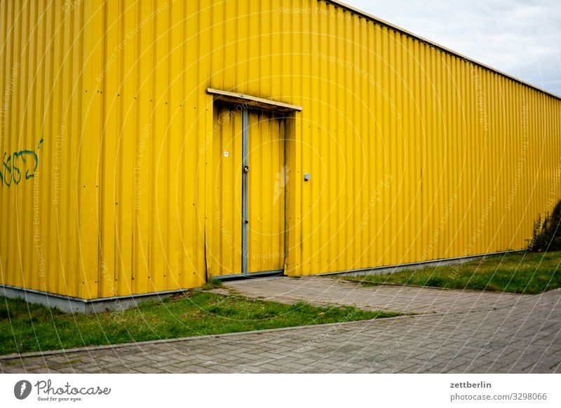 Yellow Hall Warehouse Storage Corrugated sheet iron Corrugated iron roof Corrugated-iron hut Corrugated iron wall Door Gate Entrance Way out Logistics Scales